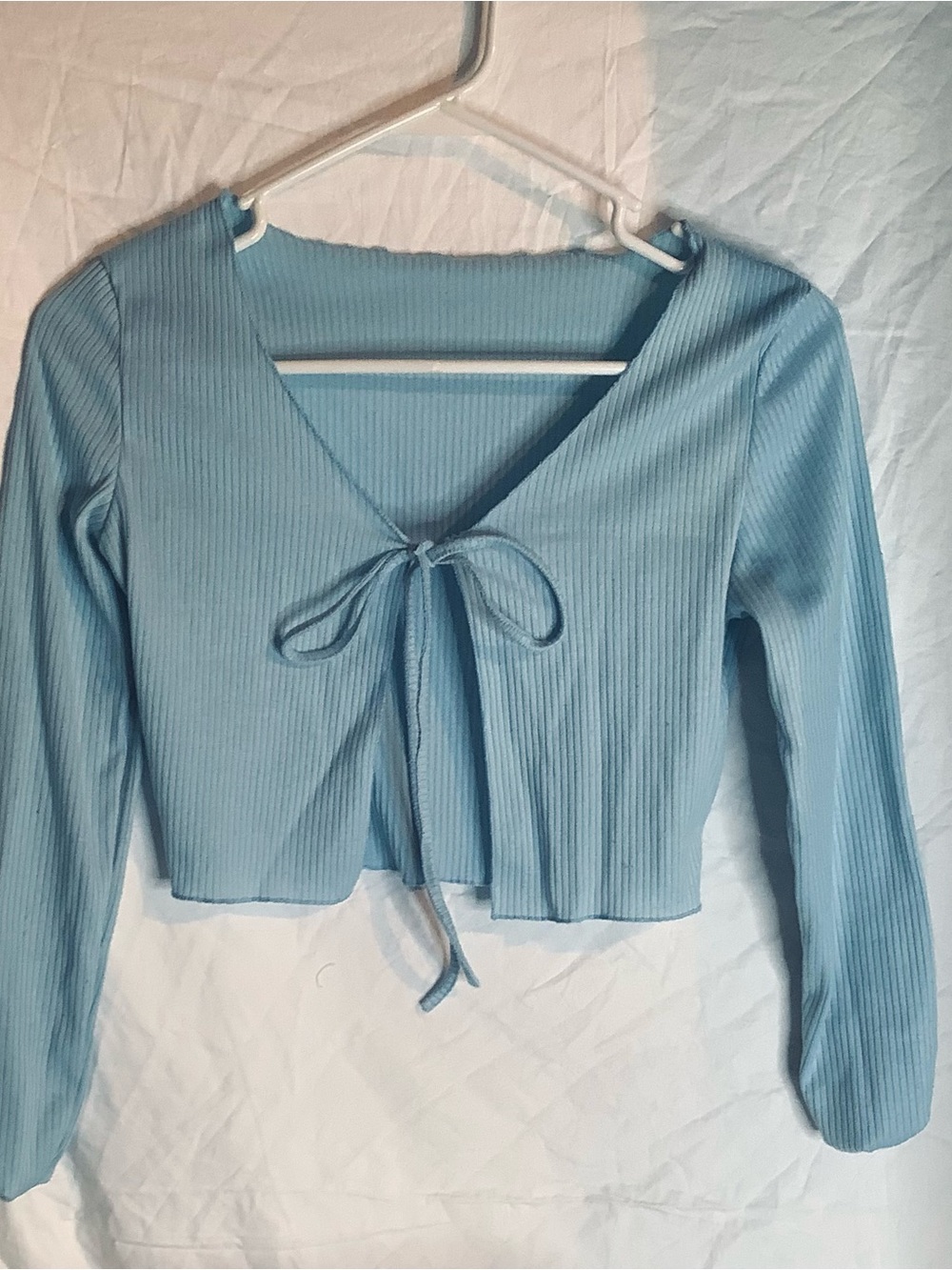 Light Blue Ribbed Tie-Front Long Sleeve Top
